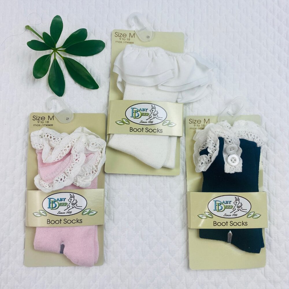 Baby Deer Ivory Pink Black Boot Socks Lace Buttons Bundle of 3 Medium